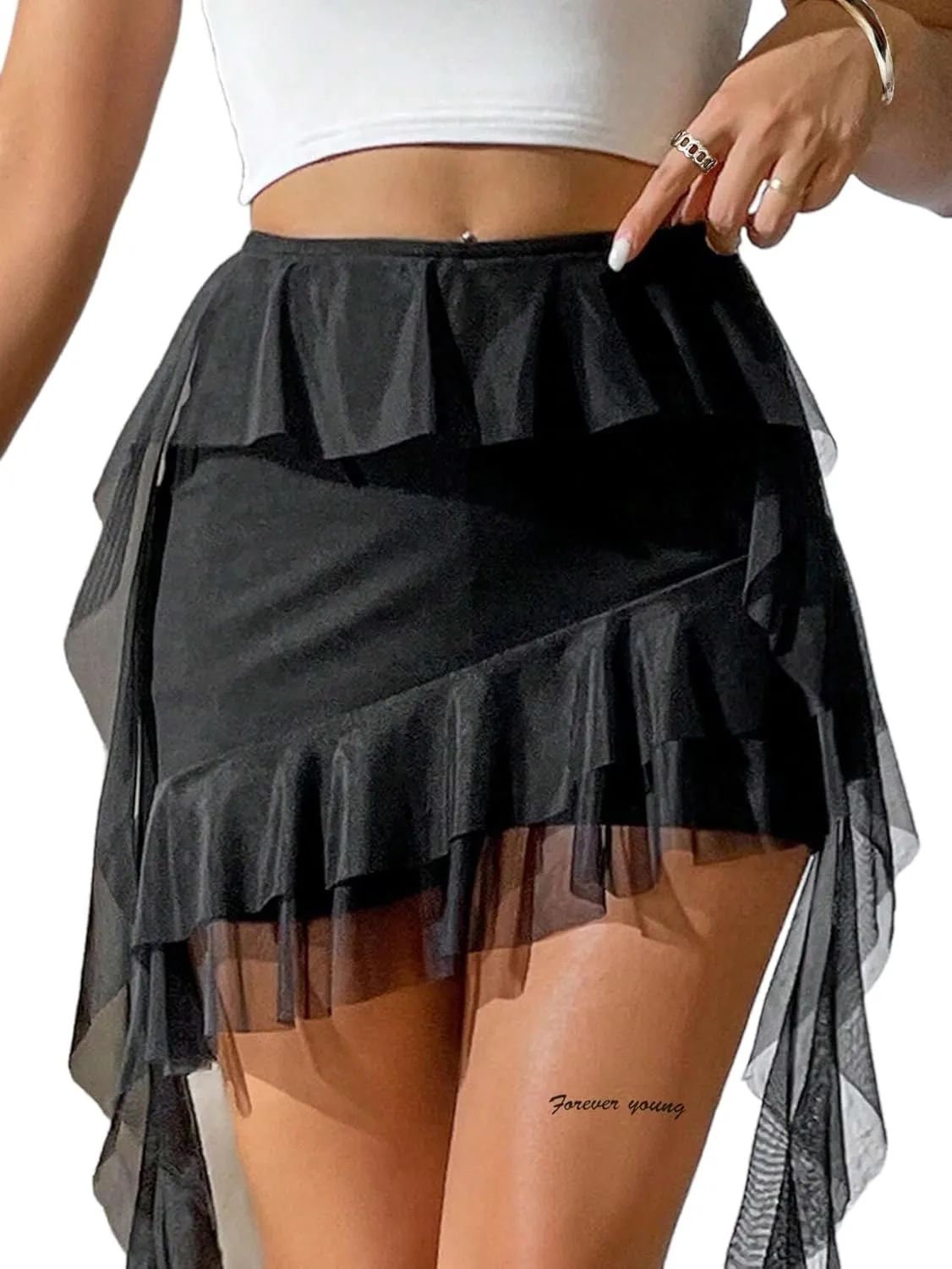 SOFIA'S CHOICE Women's Mesh Ruffle Mini Skirt Asymmetrical Hem Overlay Skort