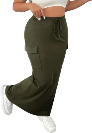 SOLY HUX Women's Plus Size Cargo Skirts Y2k Vintage Long Maxi Skirts with Pockets Streetwear