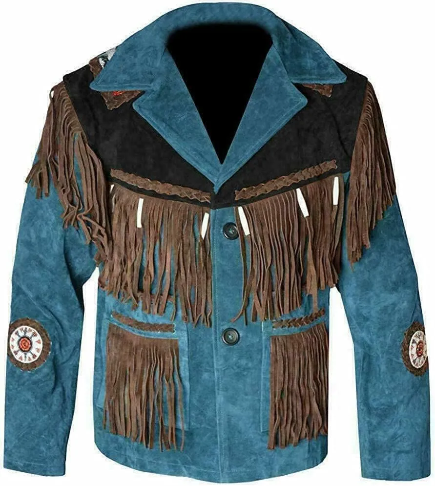 SpazeUp Mens Suede Leather Native American Brown Fringe Western Style Cowboy Jacket - Traditional Fashionable Coat Men