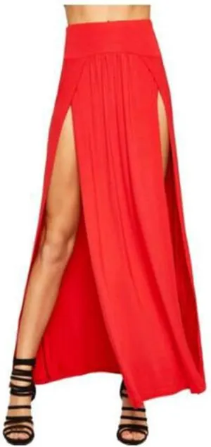 Summer Split Skirt For Women Elastic Waist Double High Split Wrap Flowy Long Skirt Solid Color Elegant Boho Dresses