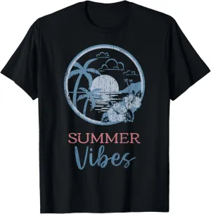 SUMMER VIBES Vintage Sunset Hibiscus Flowers Beach Vacation T-Shirt