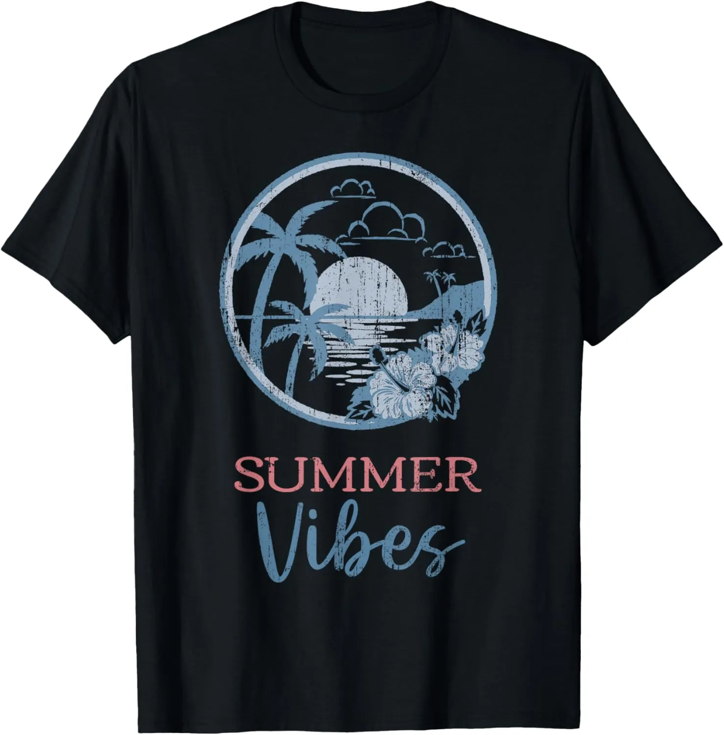 SUMMER VIBES Vintage Sunset Hibiscus Flowers Beach Vacation T-Shirt