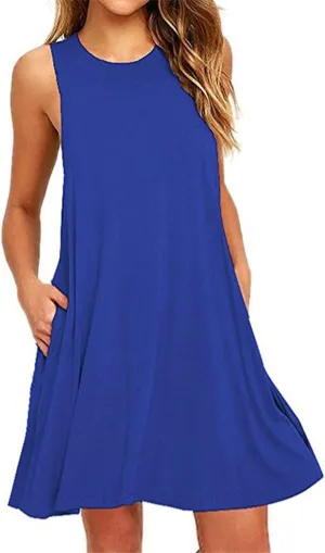 Sundresses for Women Fashion Loose Crewneck A Line Tank Mini Dress Casual Sleeveless Summer Beach Swing Dresses with Pockets