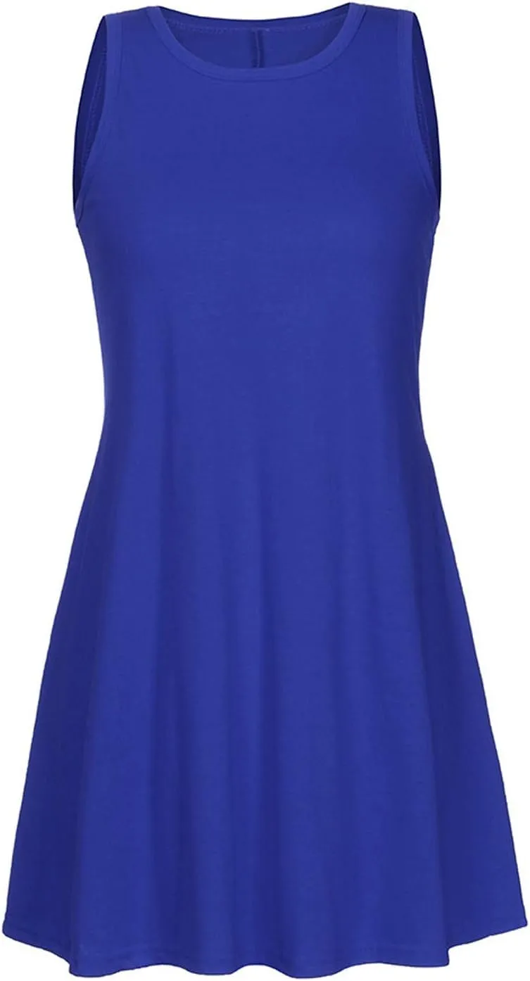 Sundresses for Women Fashion Loose Crewneck A Line Tank Mini Dress Casual Sleeveless Summer Beach Swing Dresses with Pockets