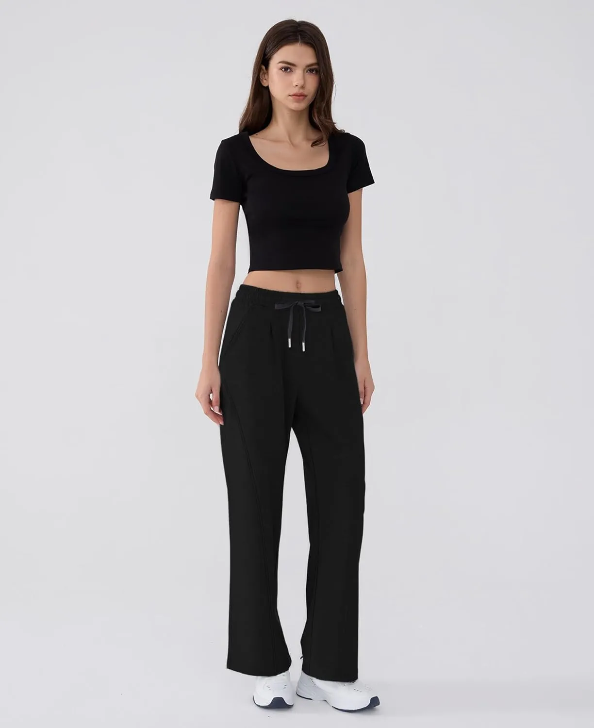 Susclude Baggy Sweatpants for Women Y2k Wide Leg Pants Summer High Waisted Drawstring Pleated Lightweight Pants with Pockets