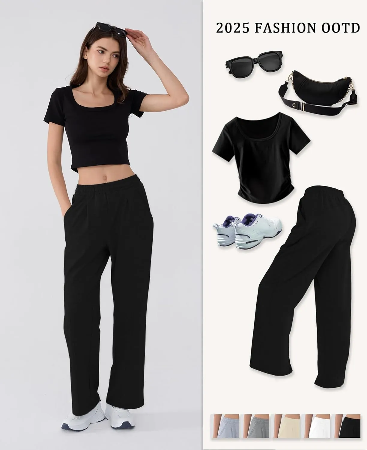 Susclude Baggy Sweatpants for Women Y2k Wide Leg Pants Summer High Waisted Drawstring Pleated Lightweight Pants with Pockets