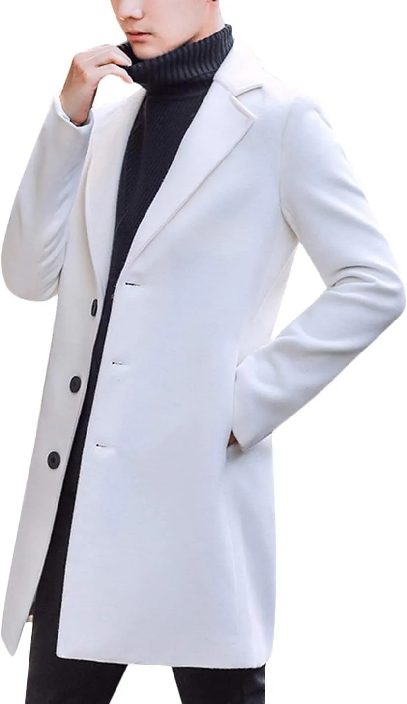 Tanming Mens Black Trench Coat Notched Lapel Single Breasted Long Peacoat Overcoat