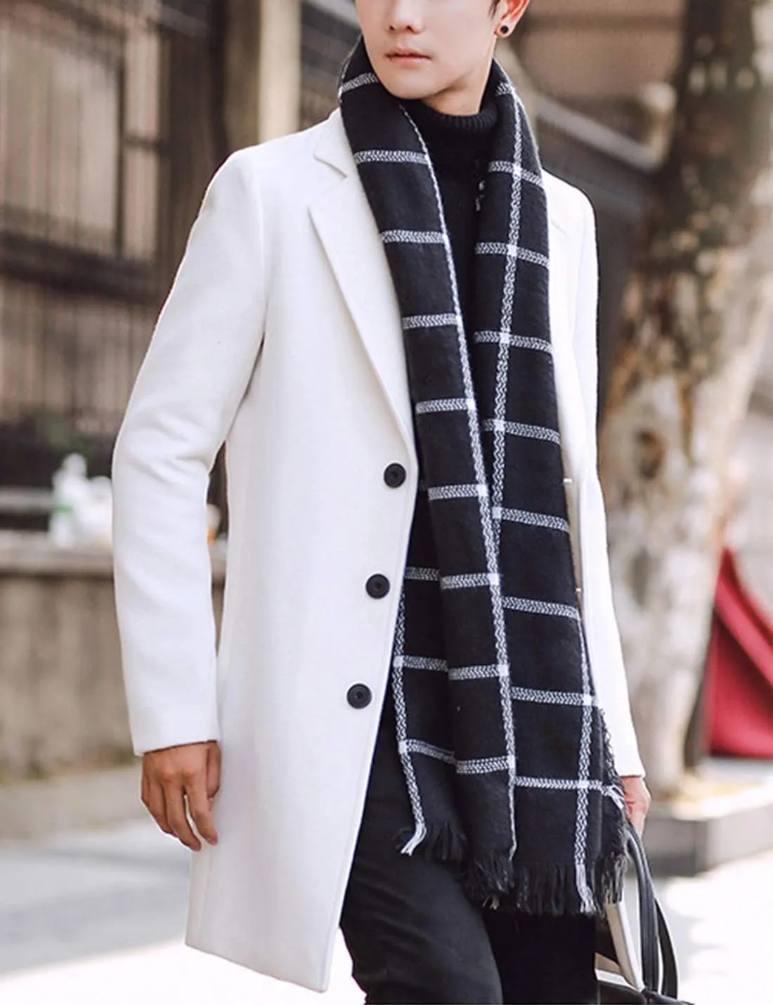 Tanming Mens Black Trench Coat Notched Lapel Single Breasted Long Peacoat Overcoat