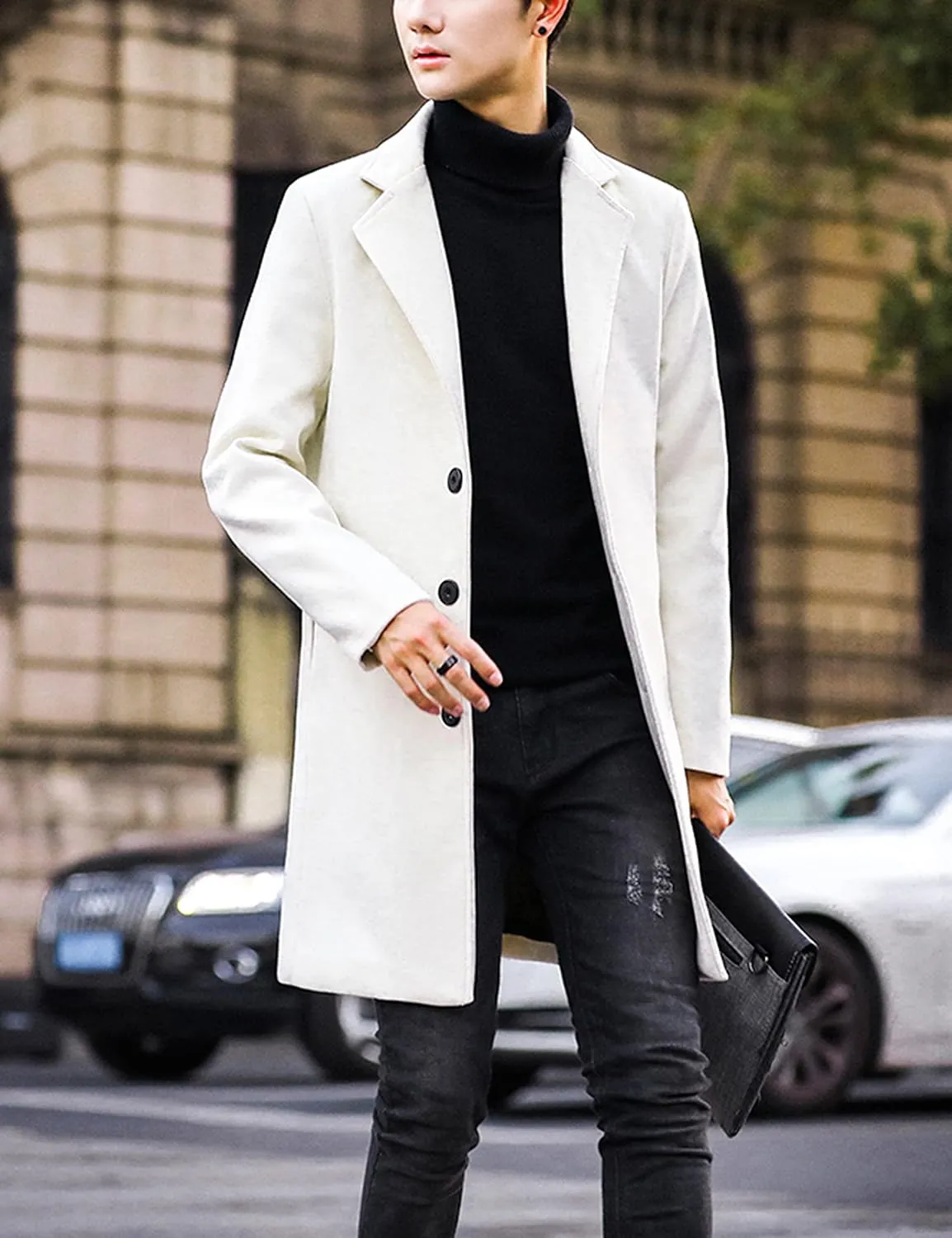 Tanming Mens Black Trench Coat Notched Lapel Single Breasted Long Peacoat Overcoat