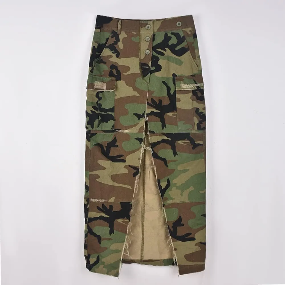 THLAI Women Midi Skirt Camo Cargo Skirt for Women Sexy High Split Skirt Maxi Skirts Novelty Skirts