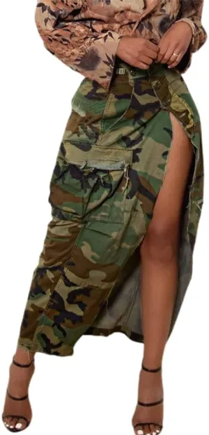 THLAI Women Midi Skirt Camo Cargo Skirt for Women Sexy High Split Skirt Maxi Skirts Novelty Skirts