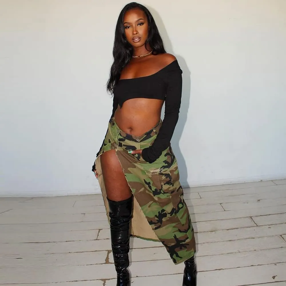 THLAI Women Midi Skirt Camo Cargo Skirt for Women Sexy High Split Skirt Maxi Skirts Novelty Skirts
