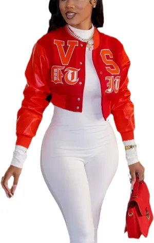 THLAI Women Varsity Jacket Button Down Cropped Faux Leather Jacket Letter Embroidery Jacket Short Baseball Outwear