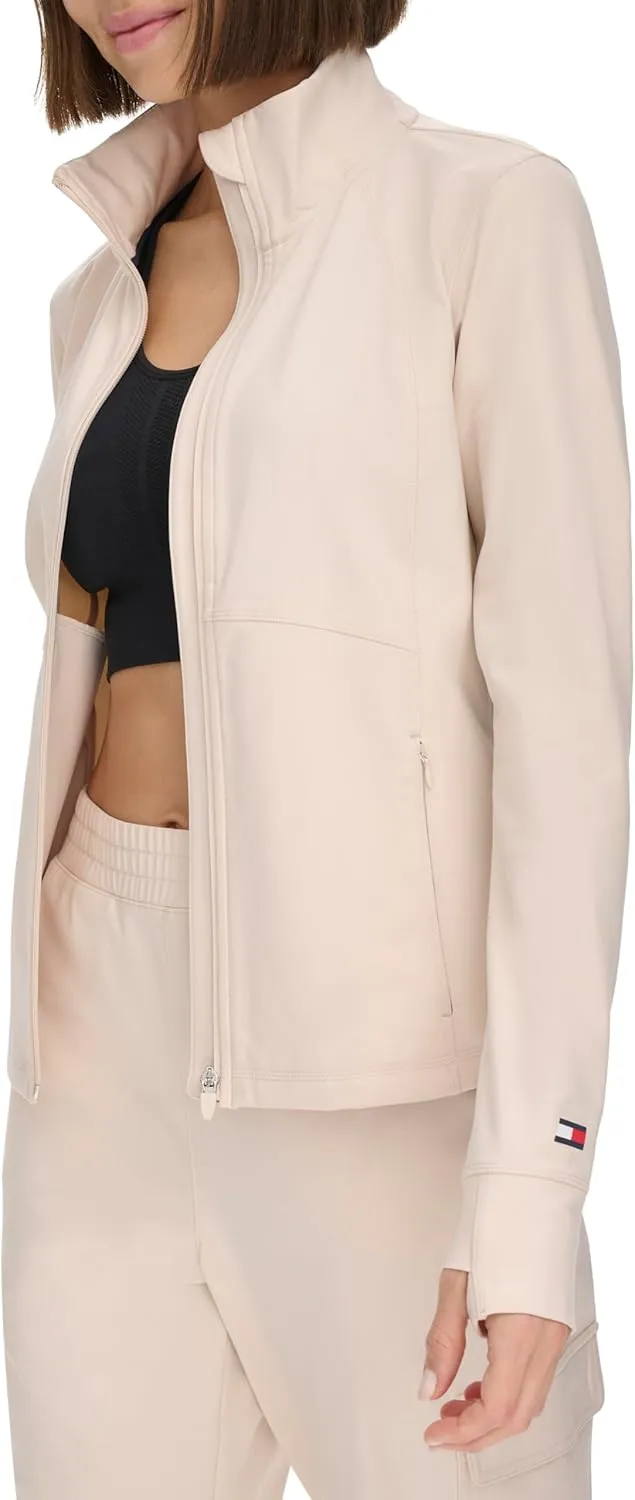 Tommy Hilfiger Women's Zippered Pockets Mock Neck Semi Fitted Cozy Peached Workout Jacket