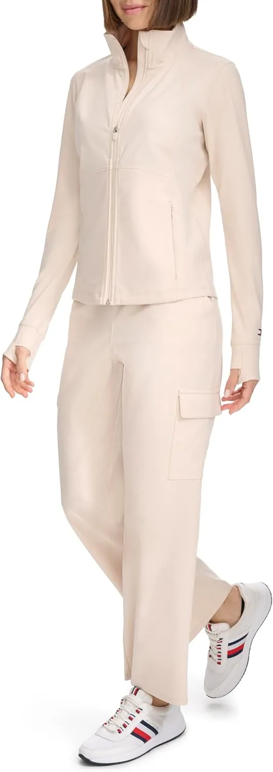 Tommy Hilfiger Women's Zippered Pockets Mock Neck Semi Fitted Cozy Peached Workout Jacket