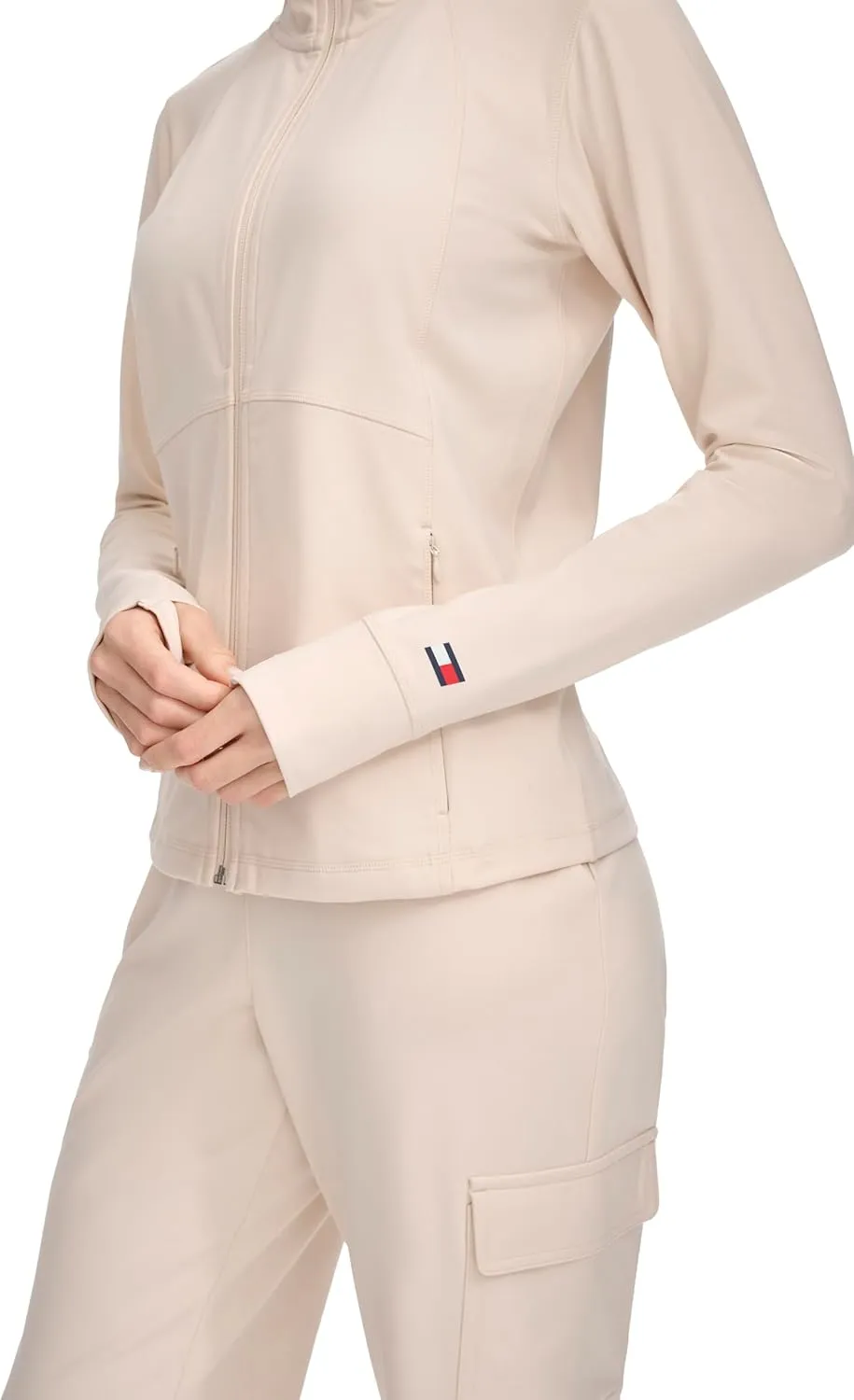 Tommy Hilfiger Women's Zippered Pockets Mock Neck Semi Fitted Cozy Peached Workout Jacket
