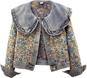 Unilexi Womens Peter pan Collar Embroidered Jean Jackets Long Sleeve Jacquard Versatile Denim Jackets