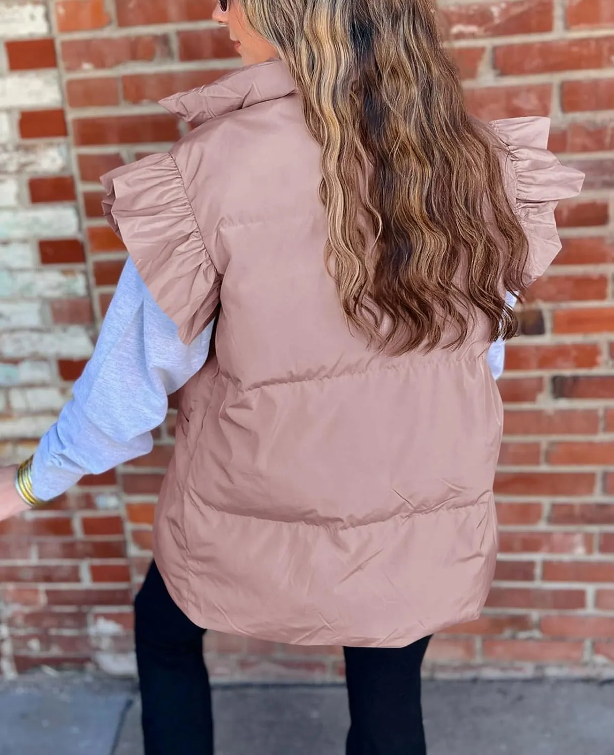 Valphsio Women's Puffer Vests Ruffle Sleeve Winter Button Down Padded Gilet with Pockets