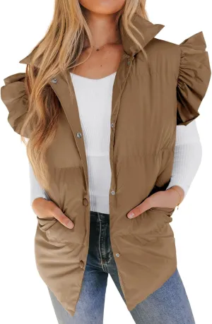 Valphsio Women's Puffer Vests Ruffle Sleeve Winter Button Down Padded Gilet with Pockets