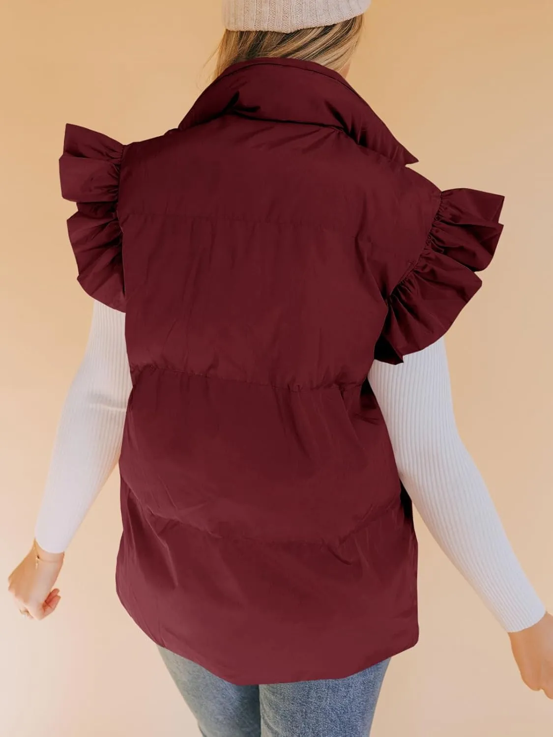 Valphsio Women's Puffer Vests Ruffle Sleeve Winter Button Down Padded Gilet with Pockets