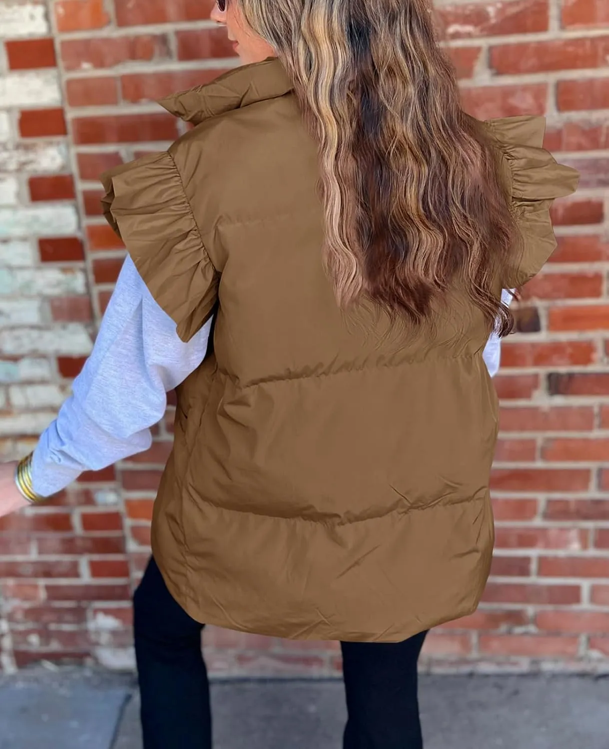 Valphsio Women's Puffer Vests Ruffle Sleeve Winter Button Down Padded Gilet with Pockets