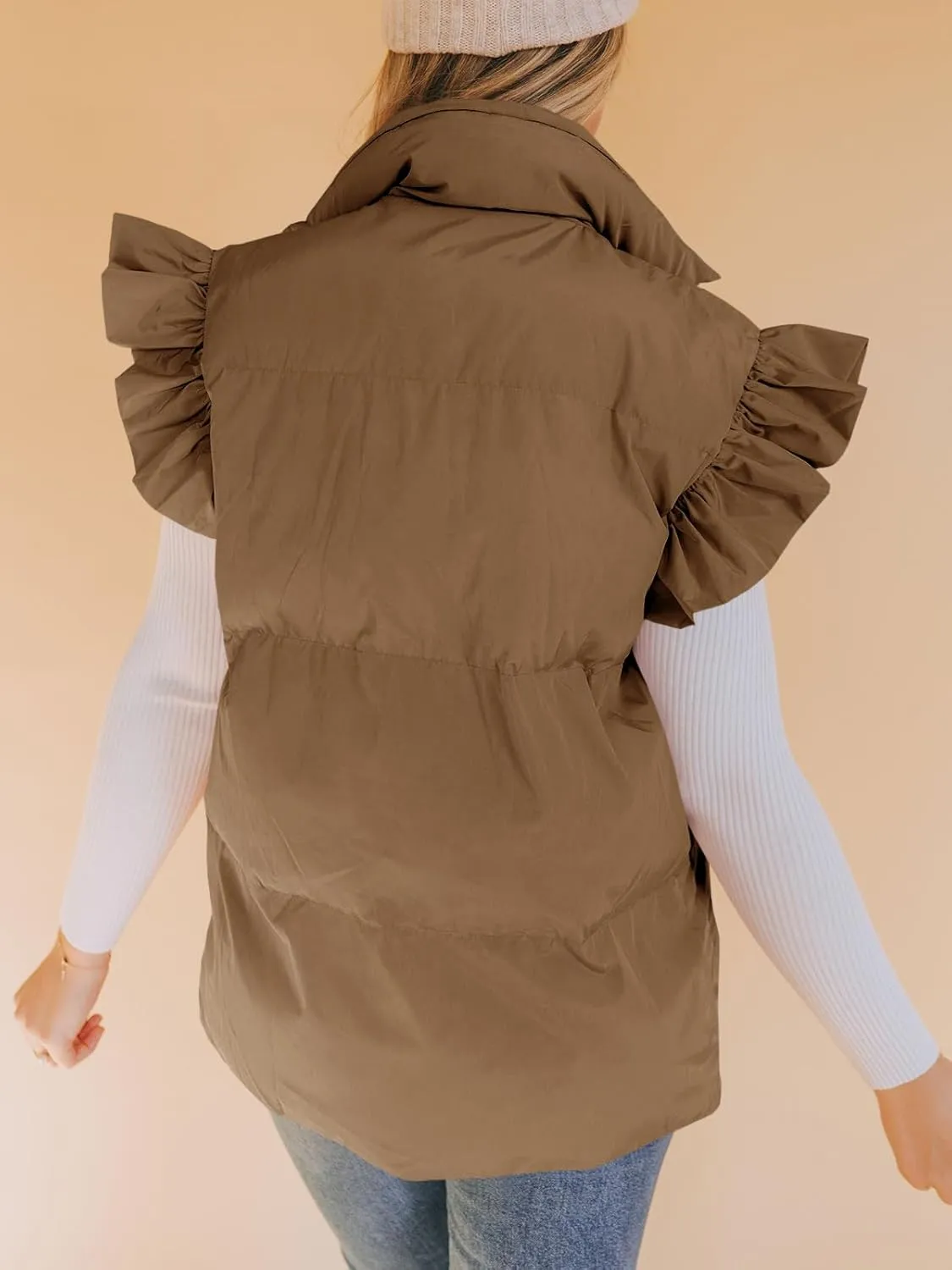 Valphsio Women's Puffer Vests Ruffle Sleeve Winter Button Down Padded Gilet with Pockets