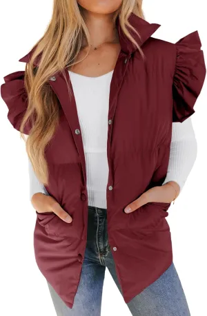 Valphsio Women's Puffer Vests Ruffle Sleeve Winter Button Down Padded Gilet with Pockets