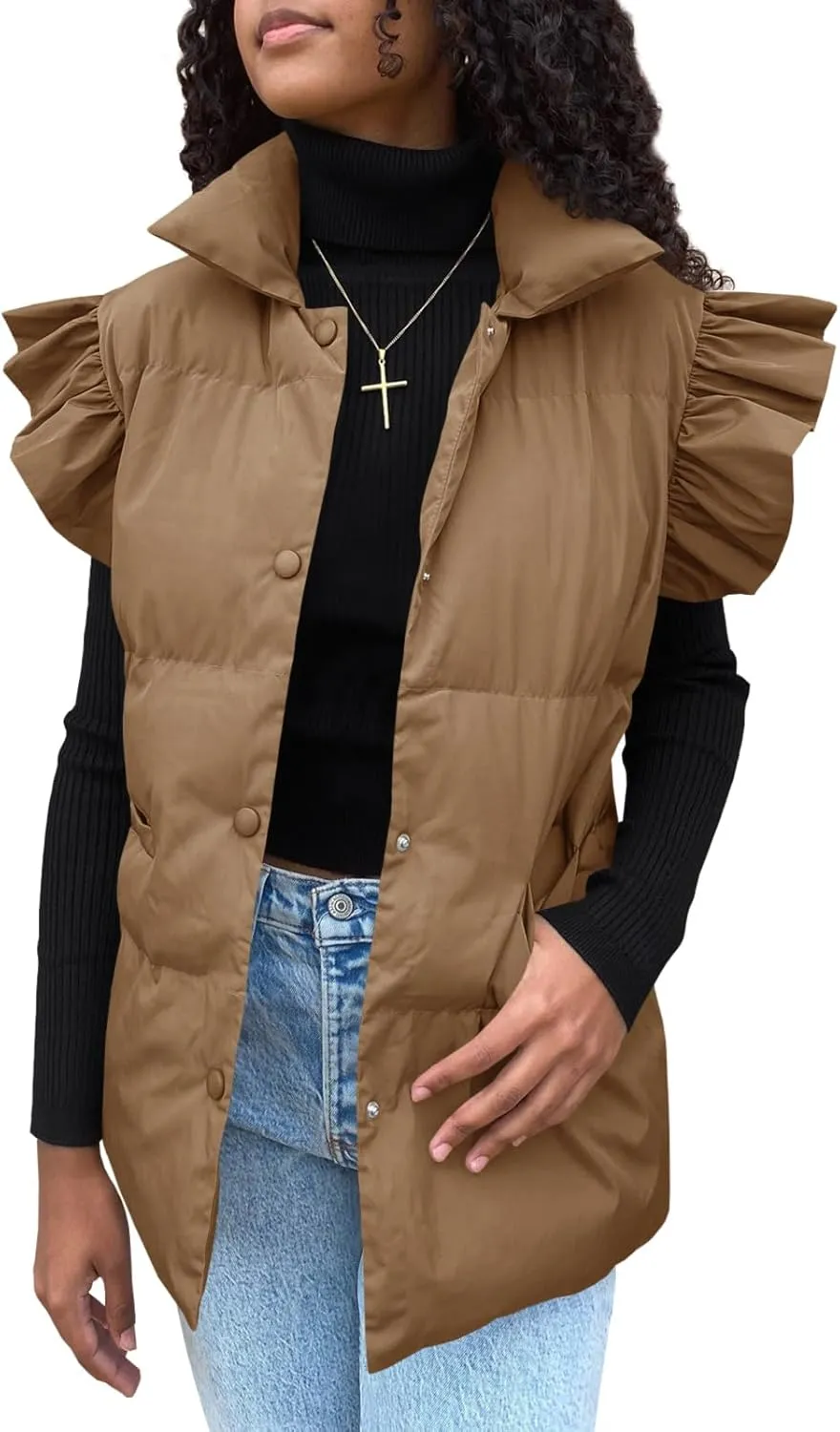 Valphsio Women's Puffer Vests Ruffle Sleeve Winter Button Down Padded Gilet with Pockets