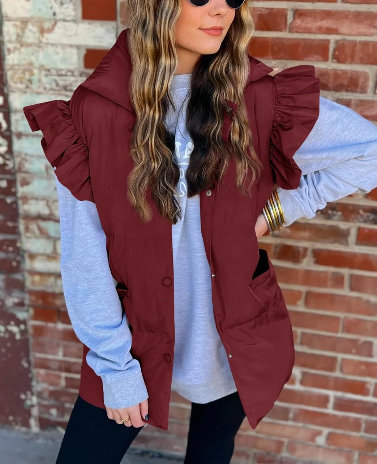 Valphsio Women's Puffer Vests Ruffle Sleeve Winter Button Down Padded Gilet with Pockets