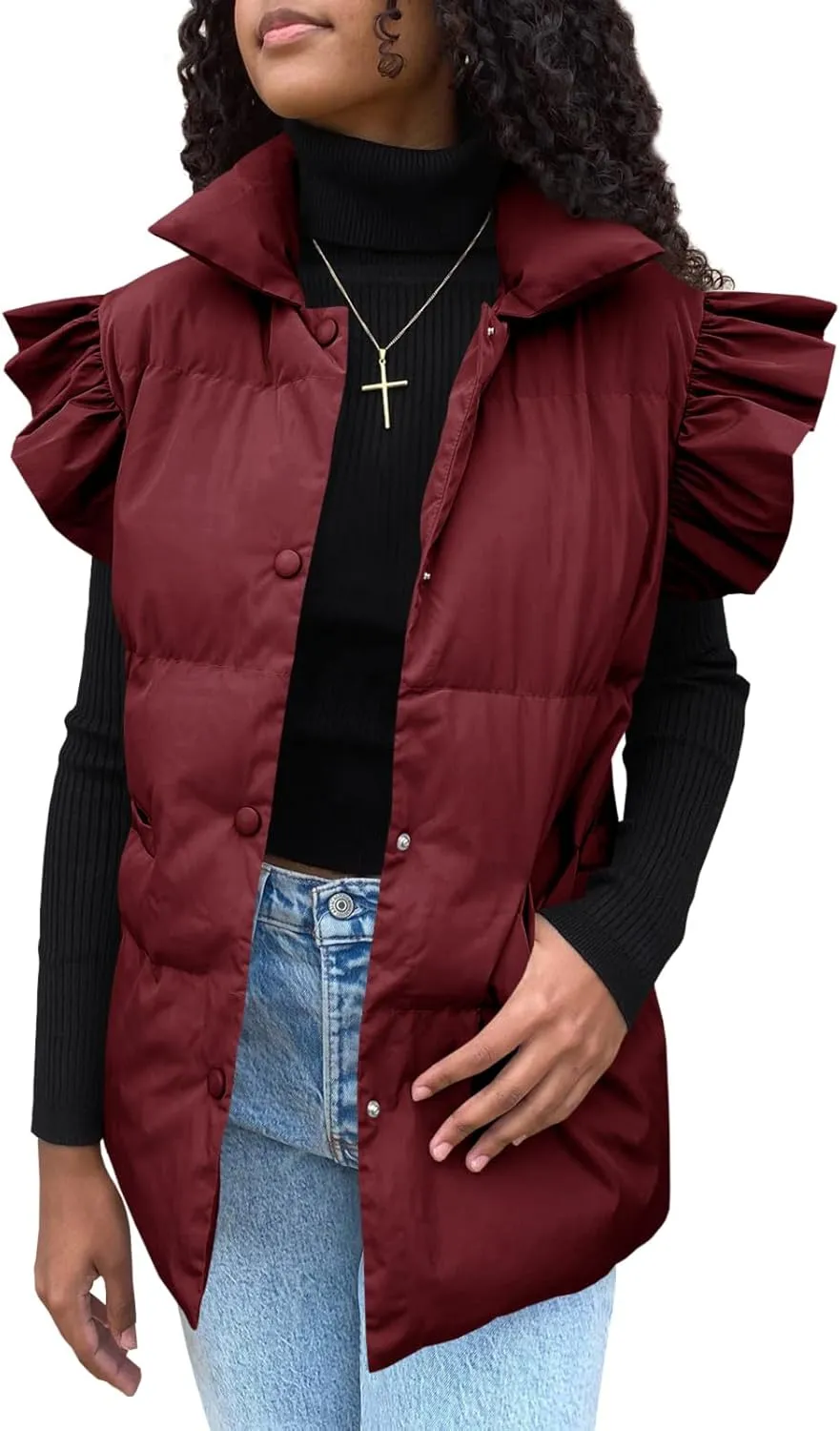 Valphsio Women's Puffer Vests Ruffle Sleeve Winter Button Down Padded Gilet with Pockets