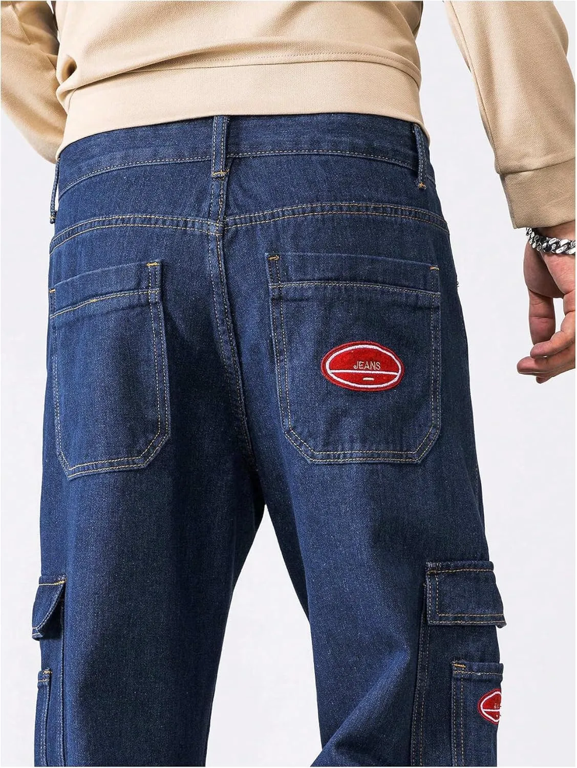 Verdusa Men's Denim Cargo Pants Letter Patched Straight Leg Streetwear Jeans Trousers