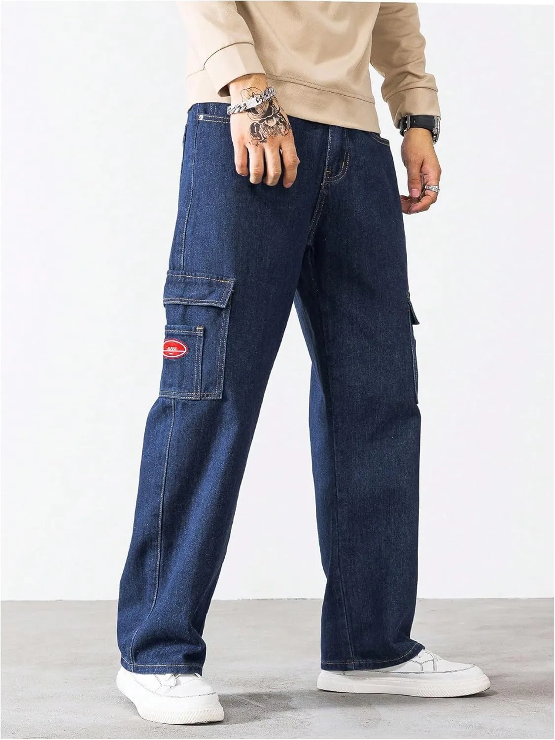 Verdusa Men's Denim Cargo Pants Letter Patched Straight Leg Streetwear Jeans Trousers