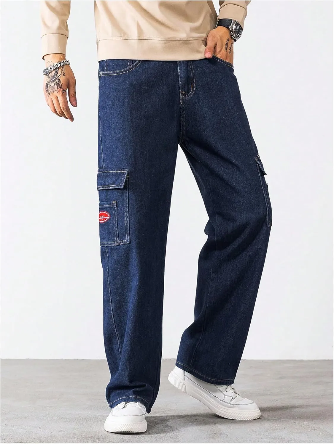 Verdusa Men's Denim Cargo Pants Letter Patched Straight Leg Streetwear Jeans Trousers