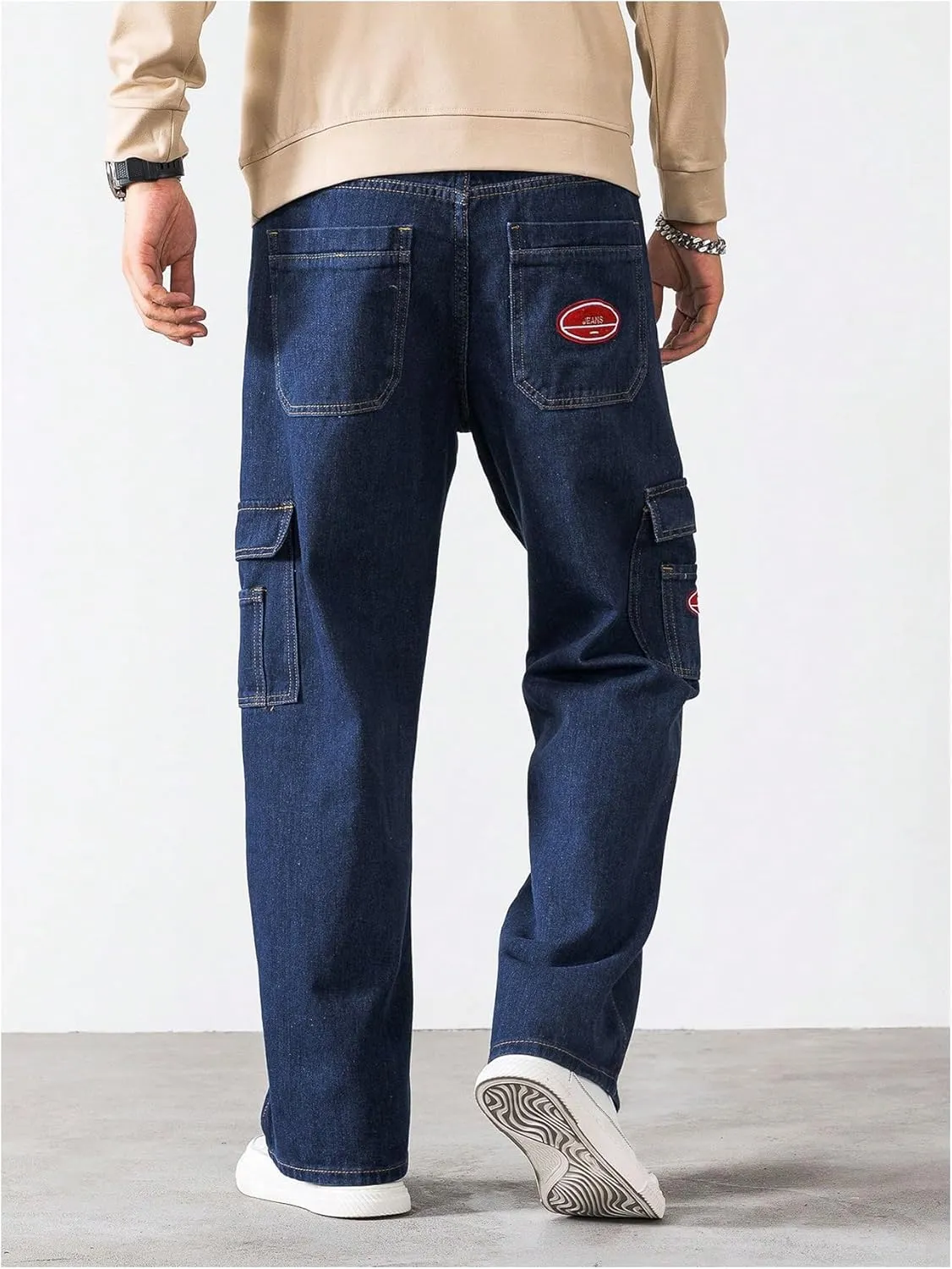 Verdusa Men's Denim Cargo Pants Letter Patched Straight Leg Streetwear Jeans Trousers