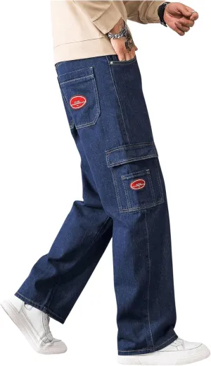 Verdusa Men's Denim Cargo Pants Letter Patched Straight Leg Streetwear Jeans Trousers