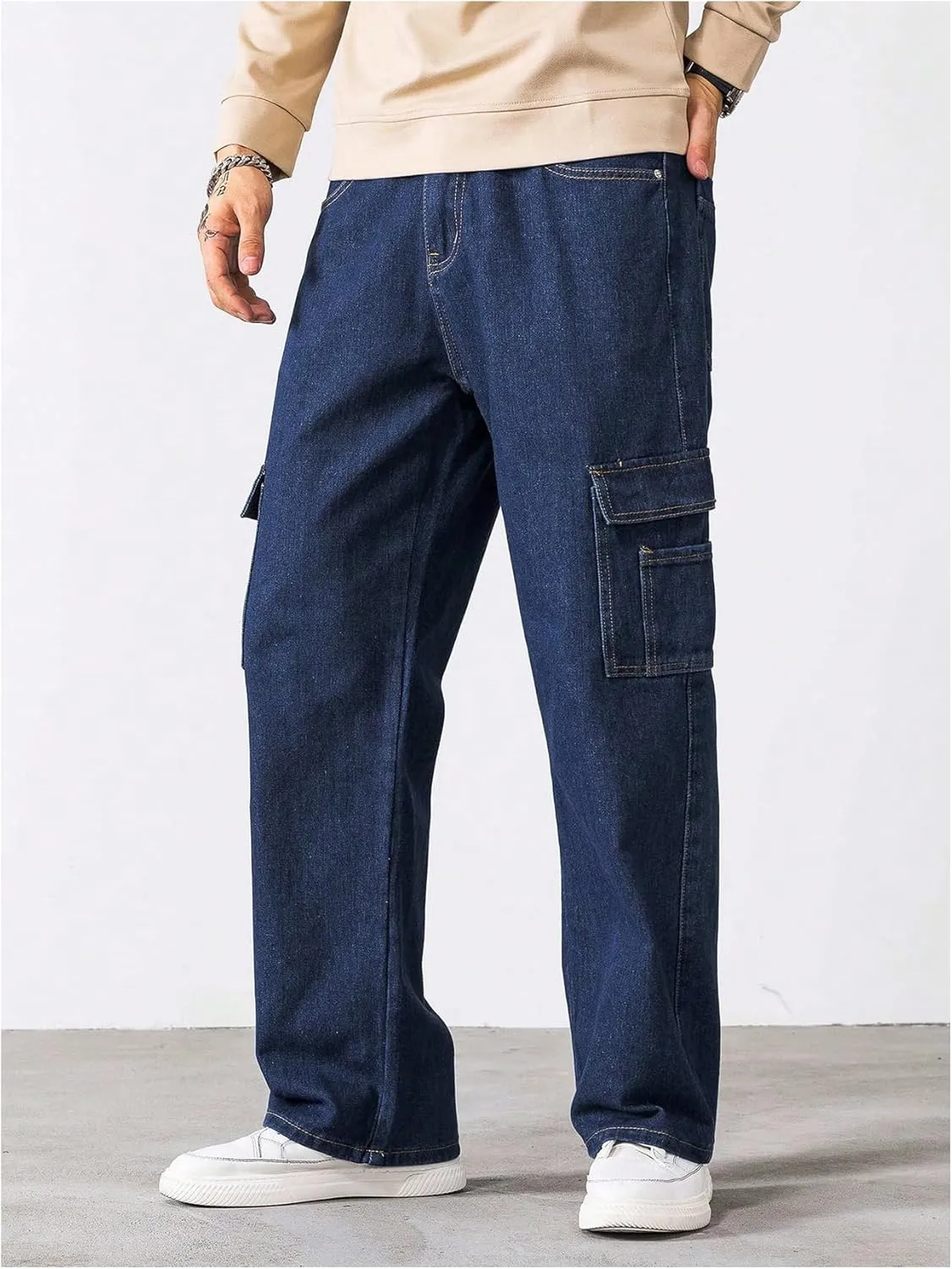 Verdusa Men's Denim Cargo Pants Letter Patched Straight Leg Streetwear Jeans Trousers