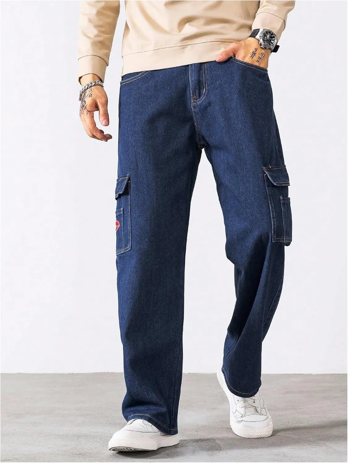 Verdusa Men's Denim Cargo Pants Letter Patched Straight Leg Streetwear Jeans Trousers