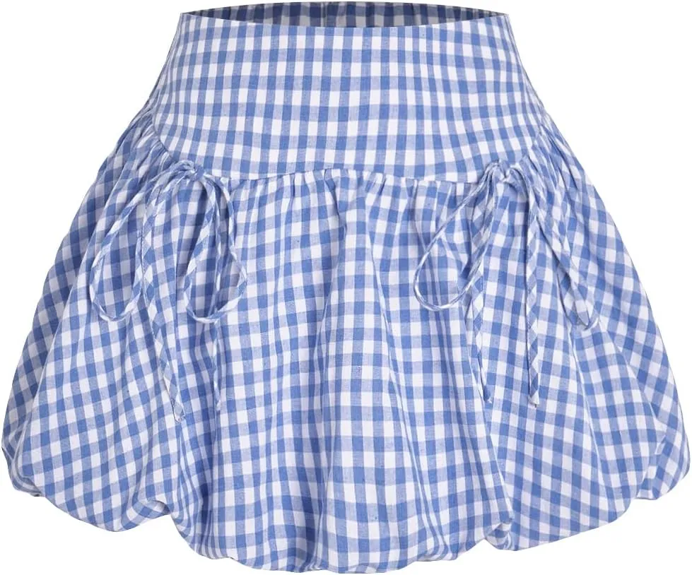 Verdusa Women's Gingham Bubble Mini Skirts Plaid Bow Cute Holiday Short Skorts