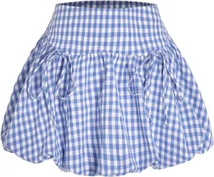 Verdusa Women's Gingham Bubble Mini Skirts Plaid Bow Cute Holiday Short Skorts