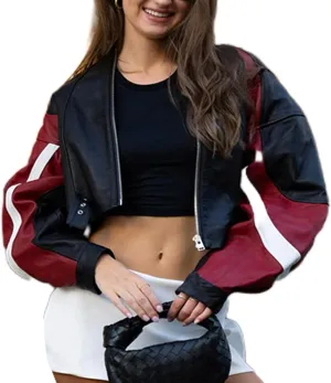 VOIKERDR Red Faux Leather Jacket Women Motorcycle Jacket Zip Up Jackets Cropped Bomber Jacket Outerwear
