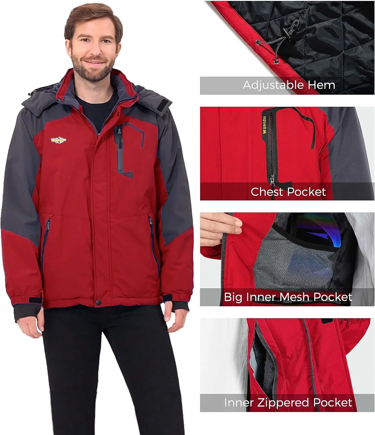 wantdo Men's Mountain Waterproof Ski Jacket Windproof Rain Jacket Winter Warm Hooded Coat