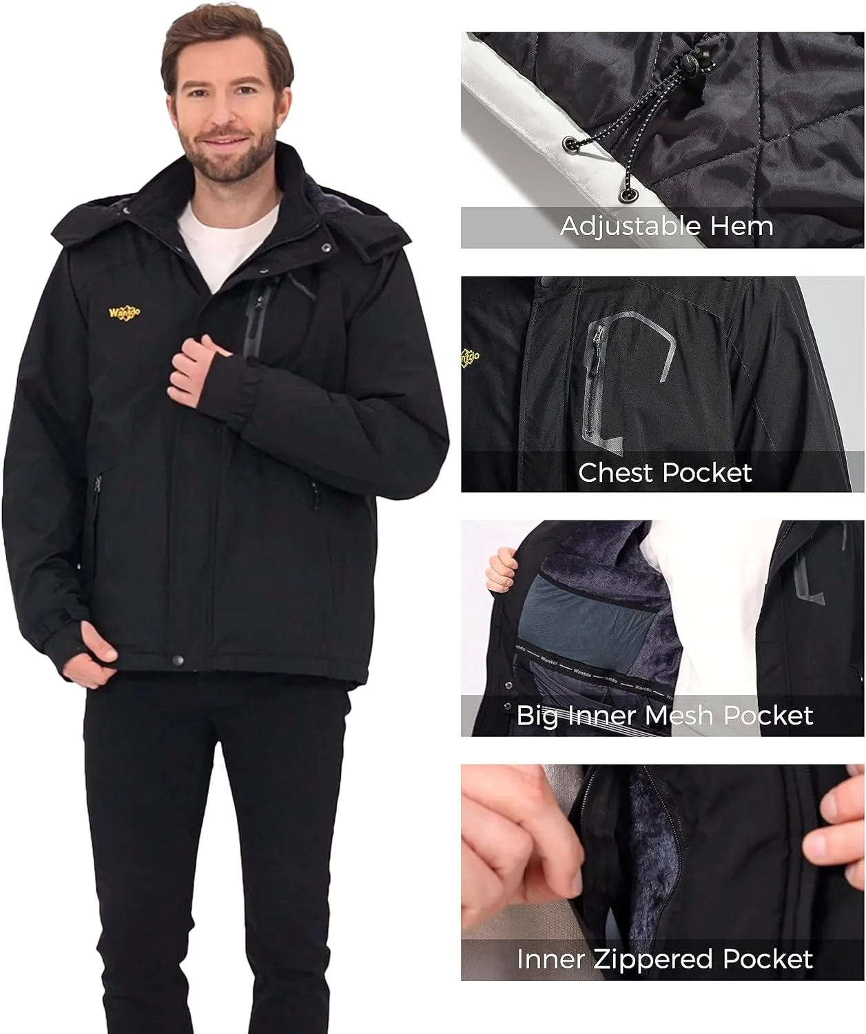 wantdo Men's Mountain Waterproof Ski Jacket Windproof Rain Jacket Winter Warm Hooded Coat