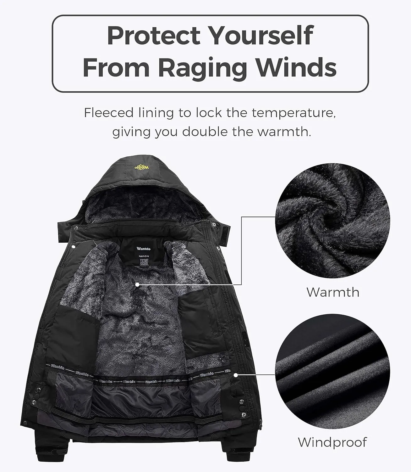 wantdo Men's Mountain Waterproof Ski Jacket Windproof Rain Jacket Winter Warm Hooded Coat