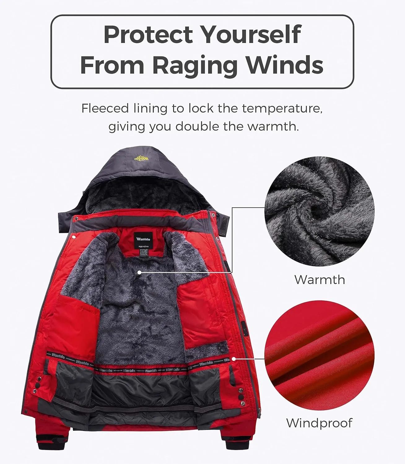 wantdo Men's Mountain Waterproof Ski Jacket Windproof Rain Jacket Winter Warm Hooded Coat