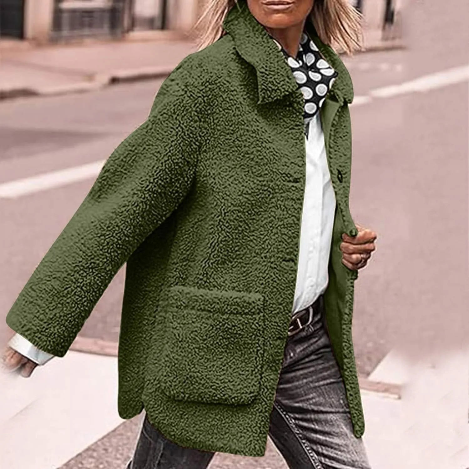 Winter Coats For Women Lapel Fuzzy Faux Fur Coat Long Sleeve Button Down Sherpa Jacket Fleece Warm Outerwear w/Pocket