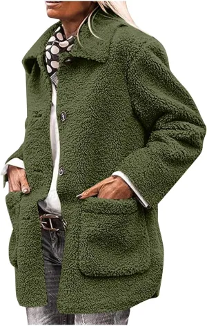 Winter Coats For Women Lapel Fuzzy Faux Fur Coat Long Sleeve Button Down Sherpa Jacket Fleece Warm Outerwear w/Pocket