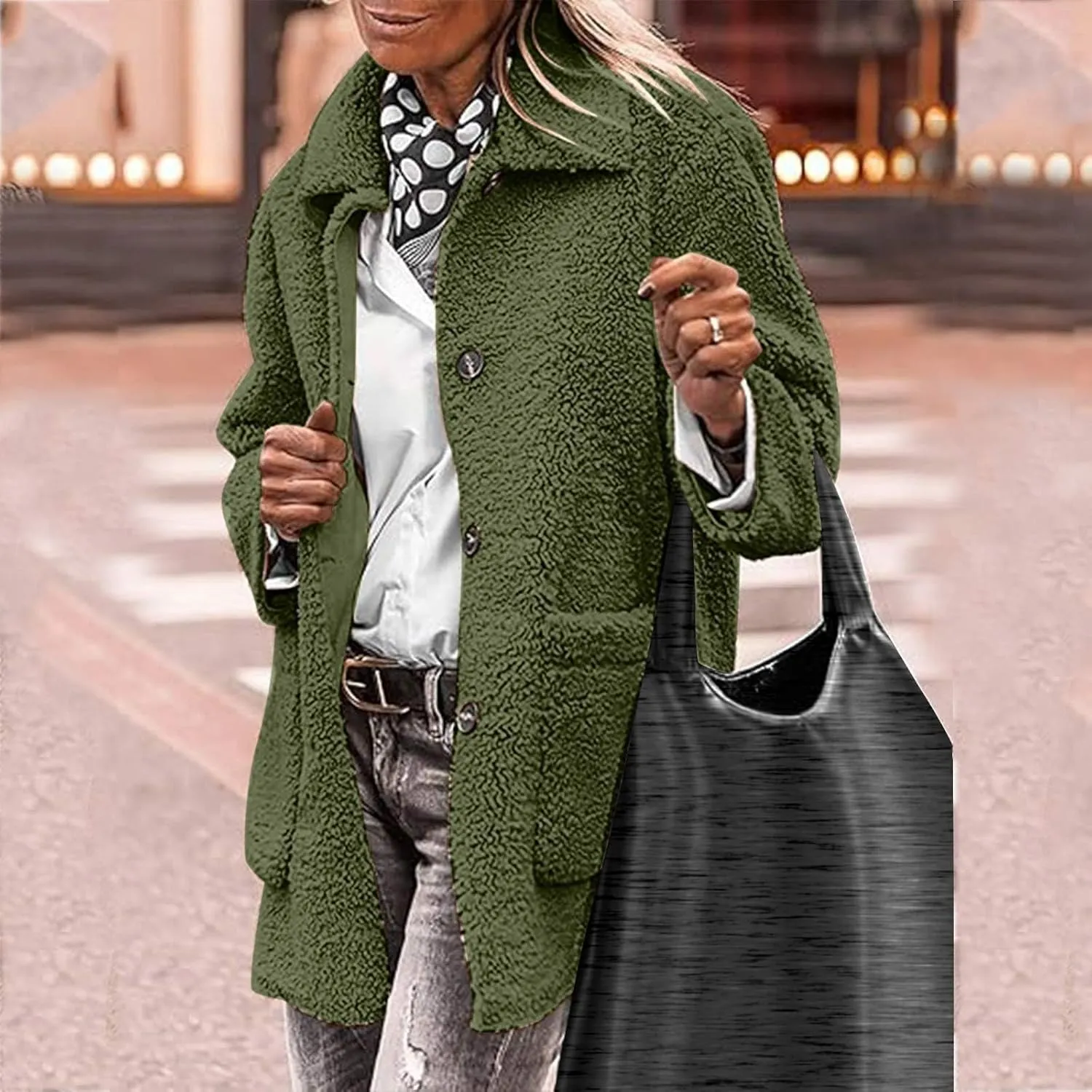 Winter Coats For Women Lapel Fuzzy Faux Fur Coat Long Sleeve Button Down Sherpa Jacket Fleece Warm Outerwear w/Pocket