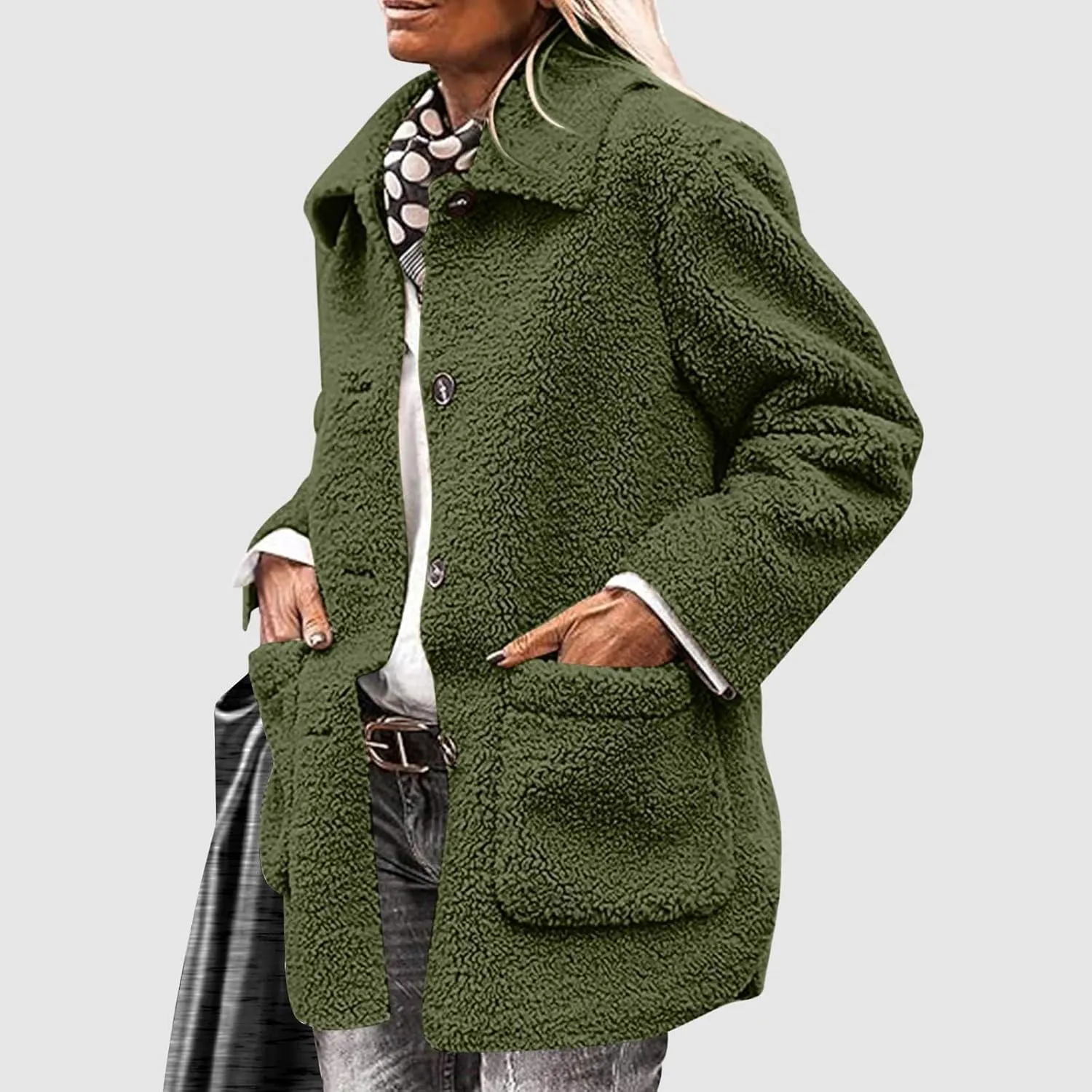 Winter Coats For Women Lapel Fuzzy Faux Fur Coat Long Sleeve Button Down Sherpa Jacket Fleece Warm Outerwear w/Pocket