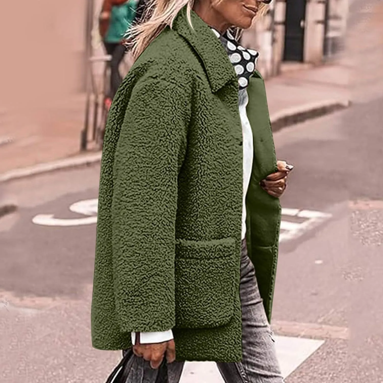 Winter Coats For Women Lapel Fuzzy Faux Fur Coat Long Sleeve Button Down Sherpa Jacket Fleece Warm Outerwear w/Pocket