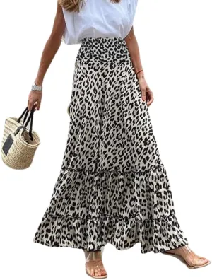 Women Cheetah Print Maxi Skirt Leopard Pleated Casual Aline Midi Skirt